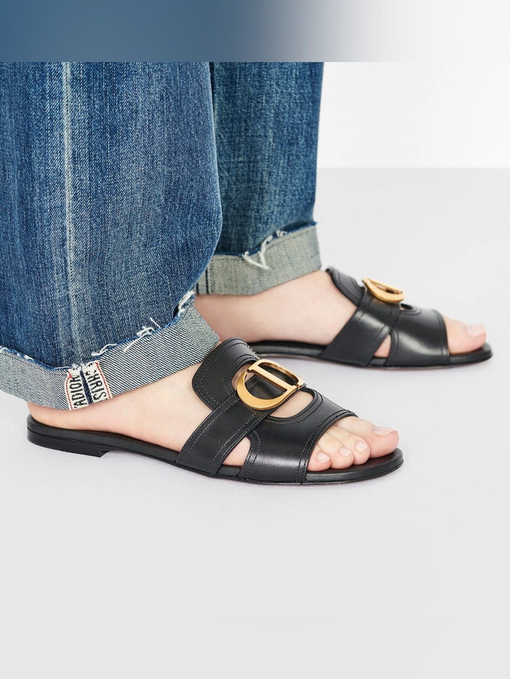Dior 30 Montaigne Slides Black Calfskin Gold CD Logo Sandals Size 38 8 Authentic - Picture 3 of 15